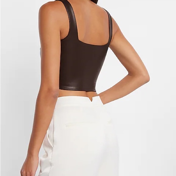 NWT Express Brown Body Contour Faux Leather Square Neck Cropped Top - Picture 2 of 6
